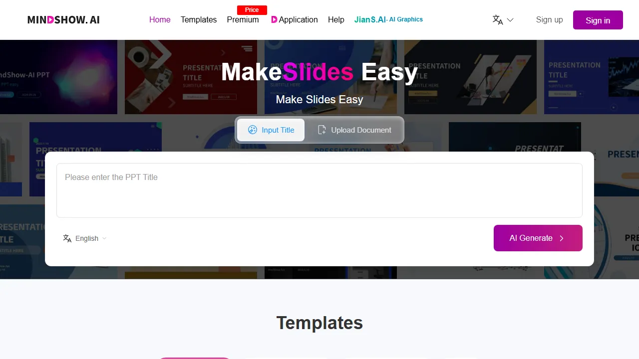 MindShow homepage, presentation AI tool