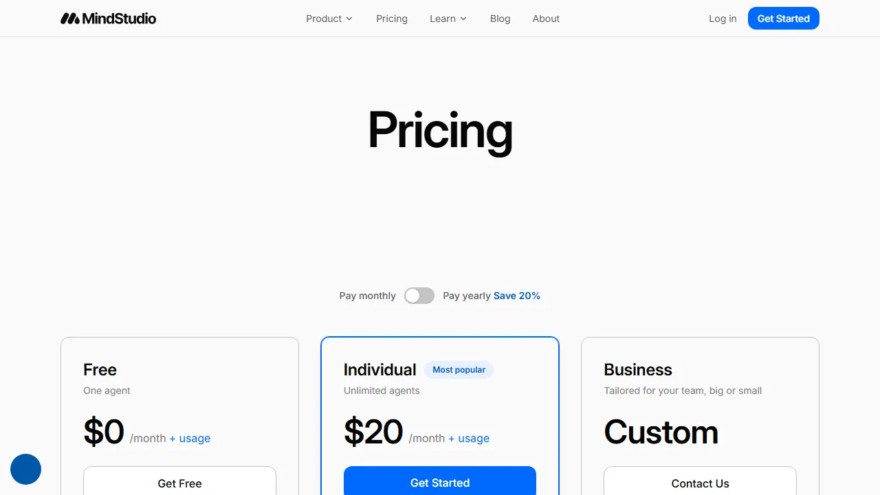 MindStudio pricing page: plans and rates