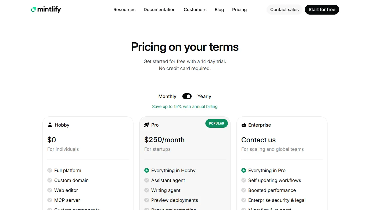 Mintlify pricing page: plans and rates