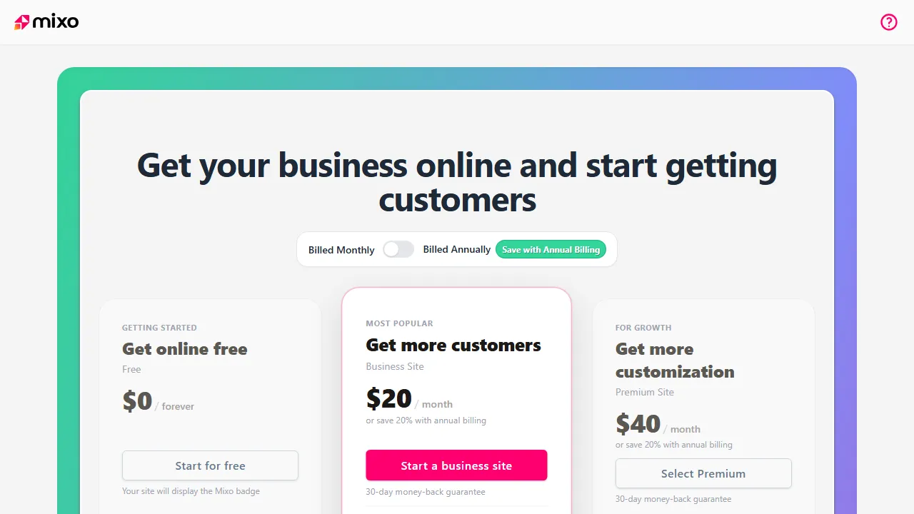 Mixo pricing page: plans and rates