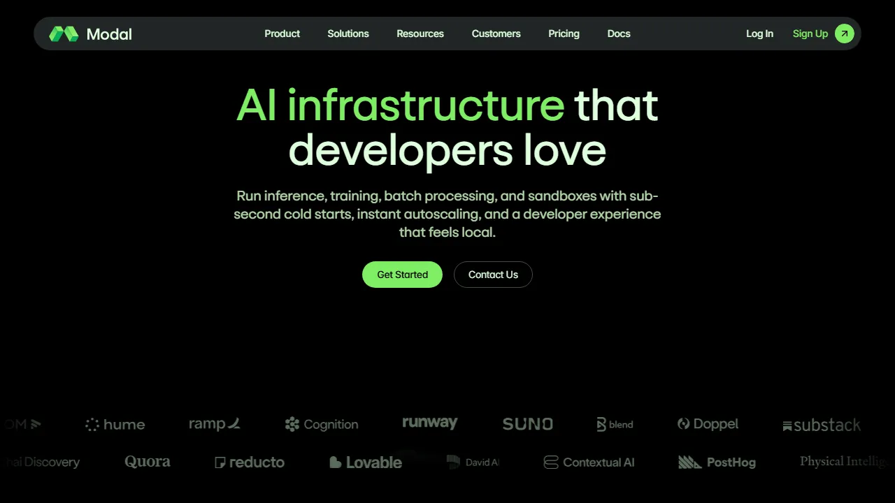 Modal homepage, code AI tool
