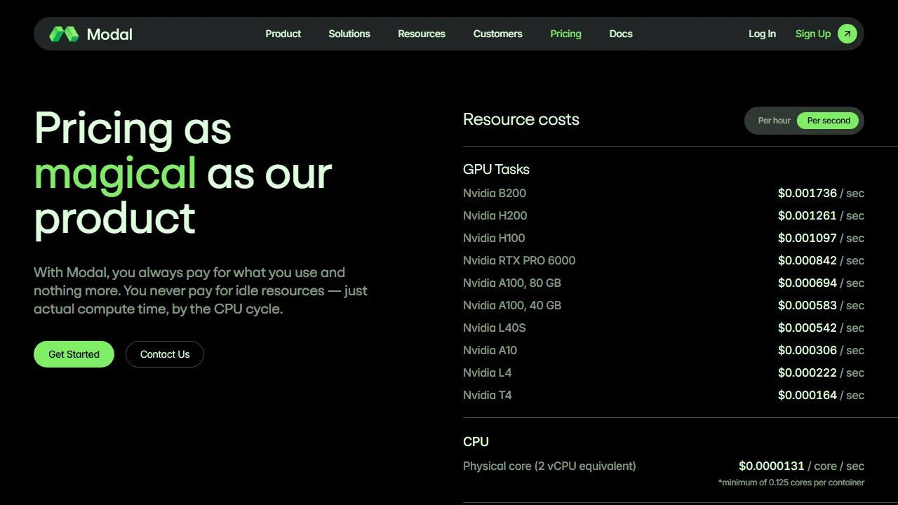 Modal pricing page: plans and rates
