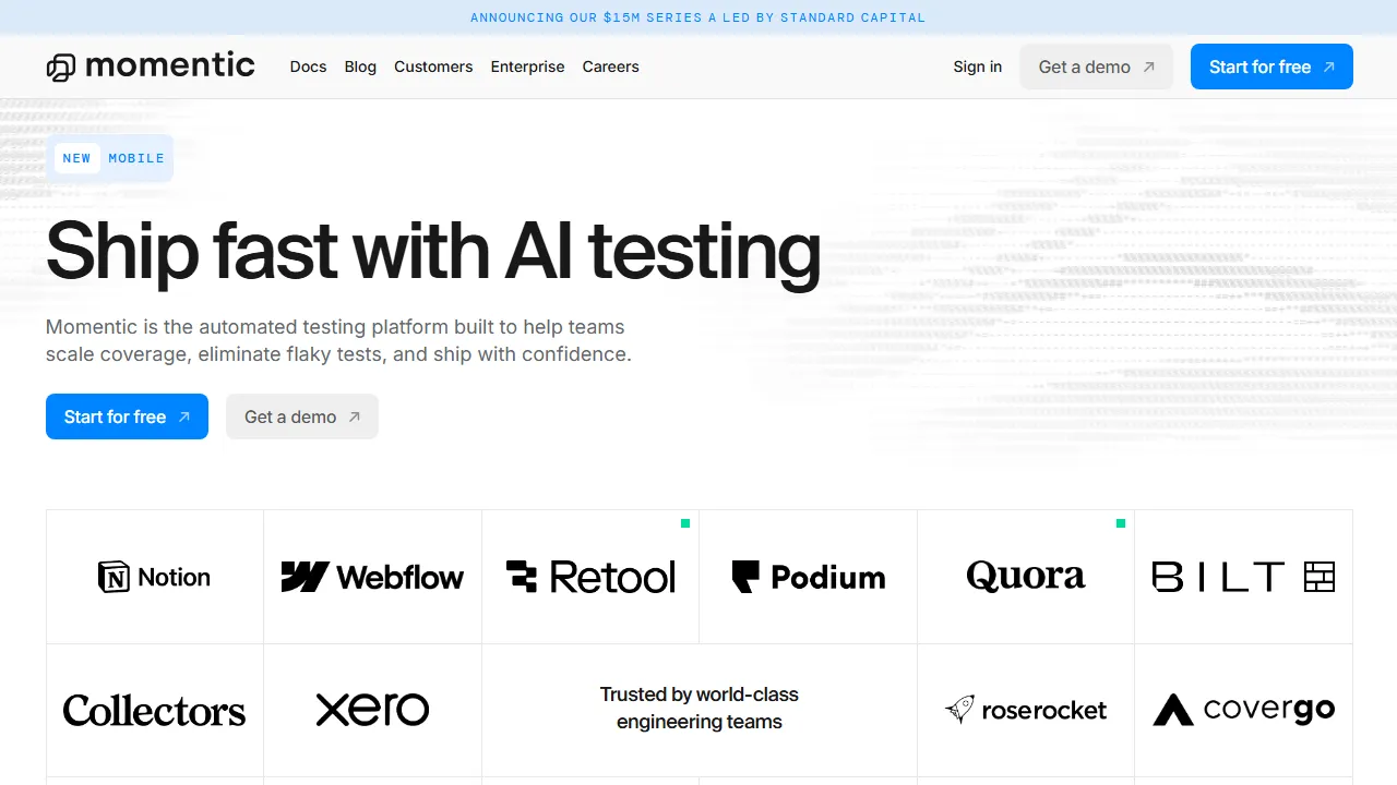 Momentic homepage, code AI tool