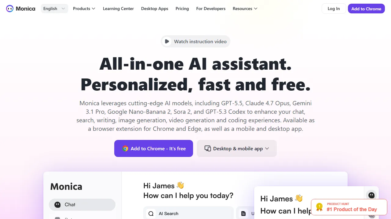 Monica homepage, chat & models AI tool