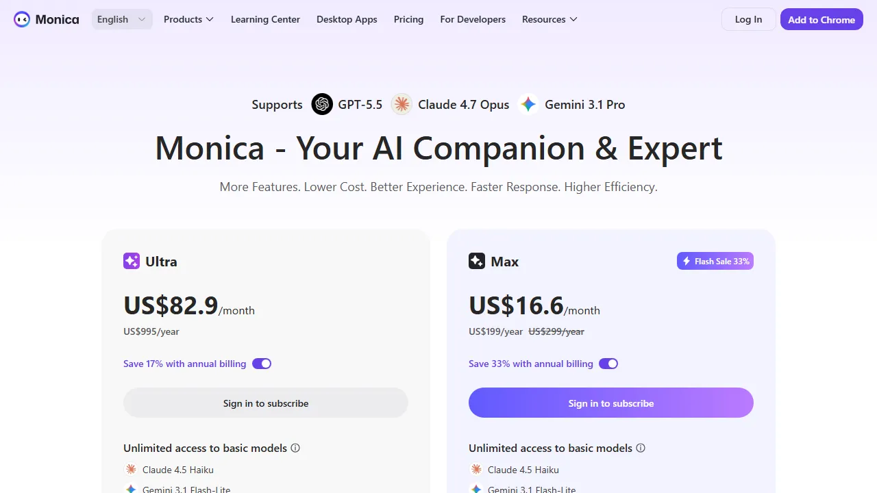 Monica pricing page: plans and rates