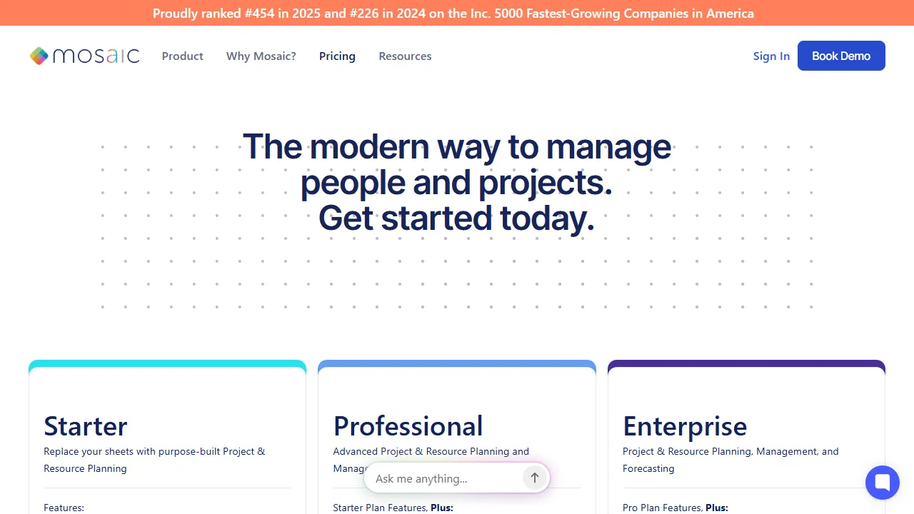 Mosaic pricing page: plans and rates