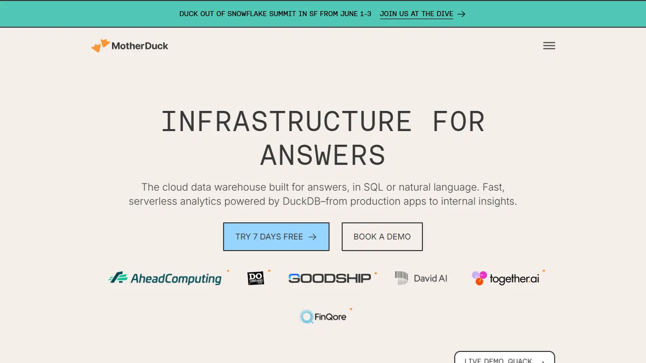 MotherDuck homepage, data & analysis AI tool