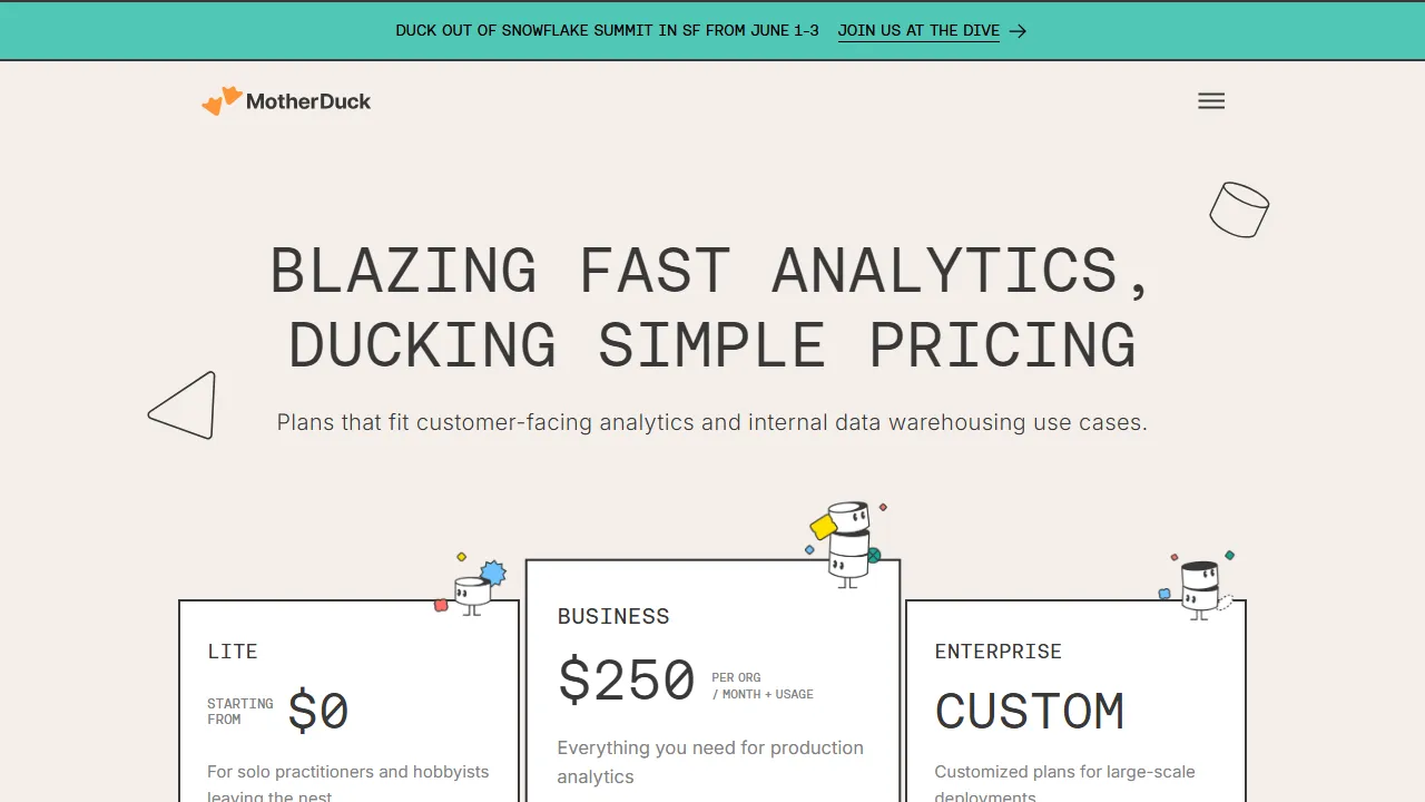 MotherDuck pricing page: plans and rates