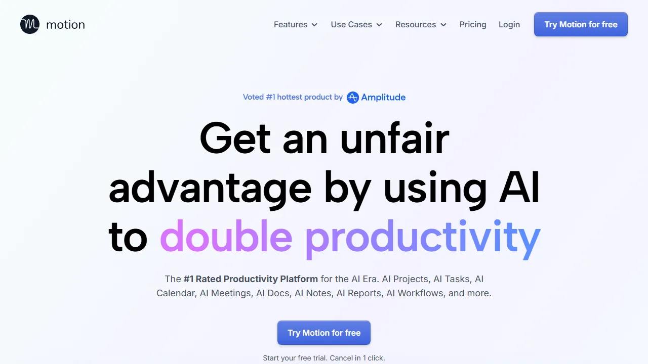 Motion homepage, productivity AI tool