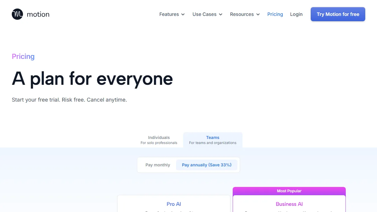 Motion pricing page: plans and rates