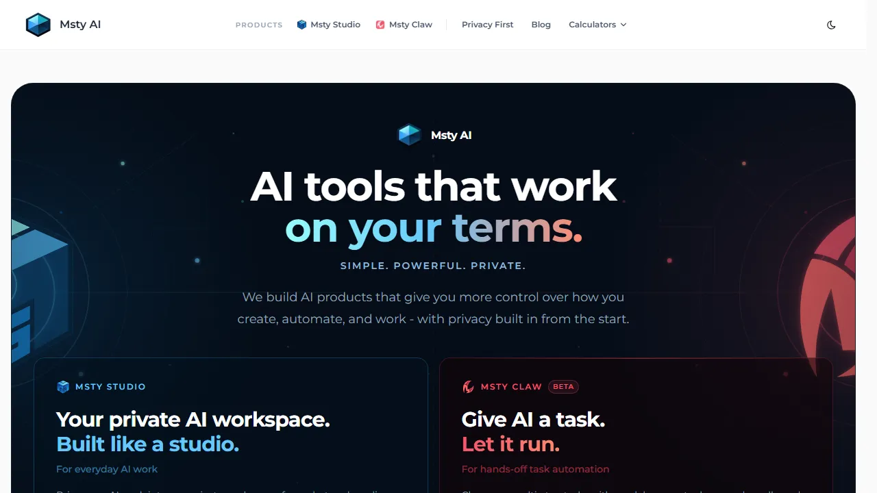 Msty homepage, chat & models AI tool