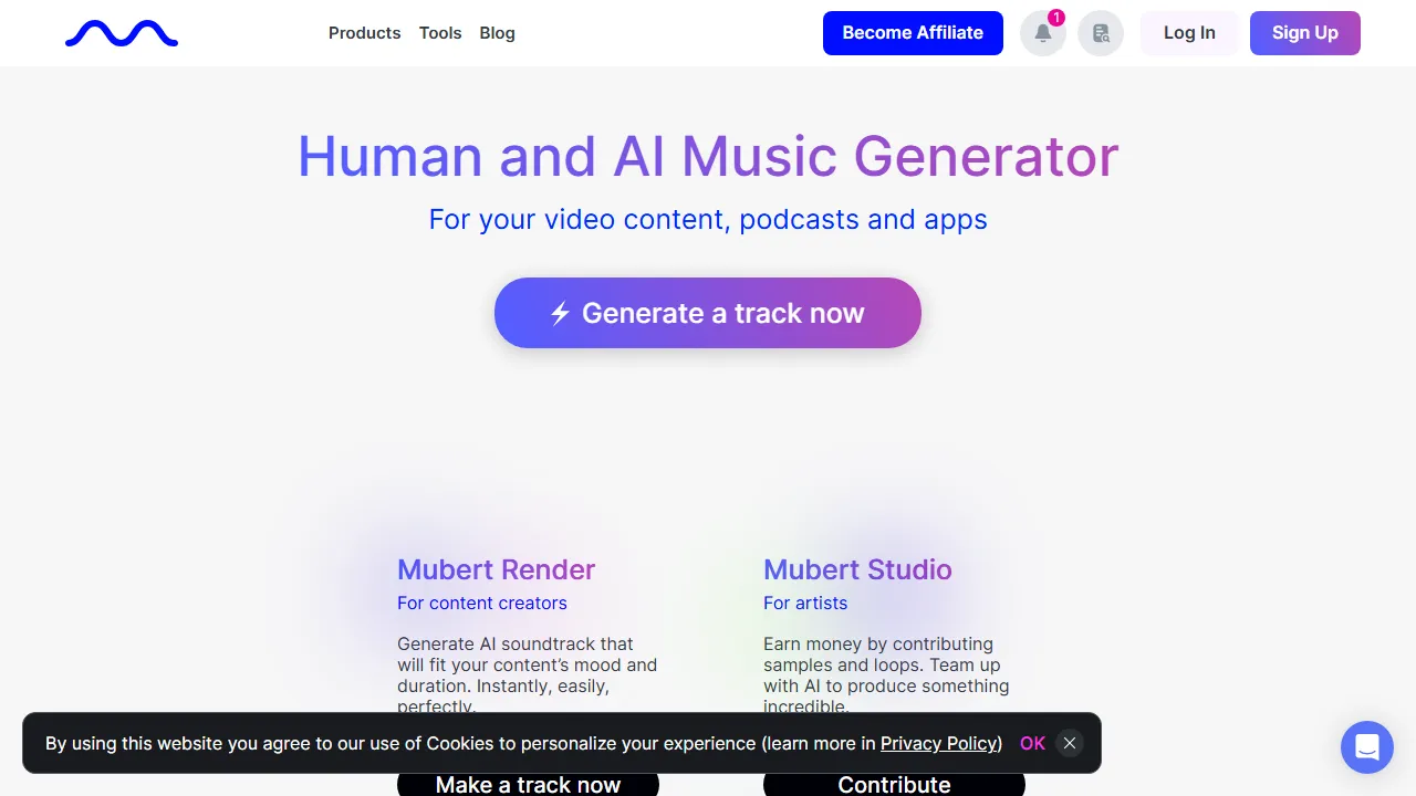 Mubert homepage, music AI tool