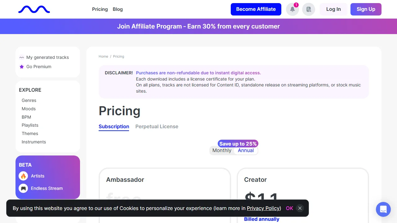 Mubert pricing page: plans and rates