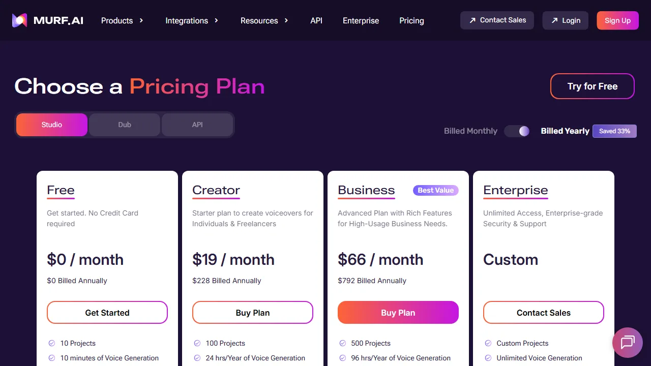 Murf pricing page: plans and rates