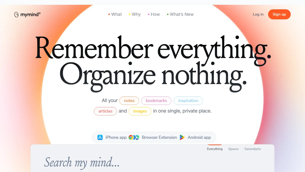 Mymind homepage, writing AI tool