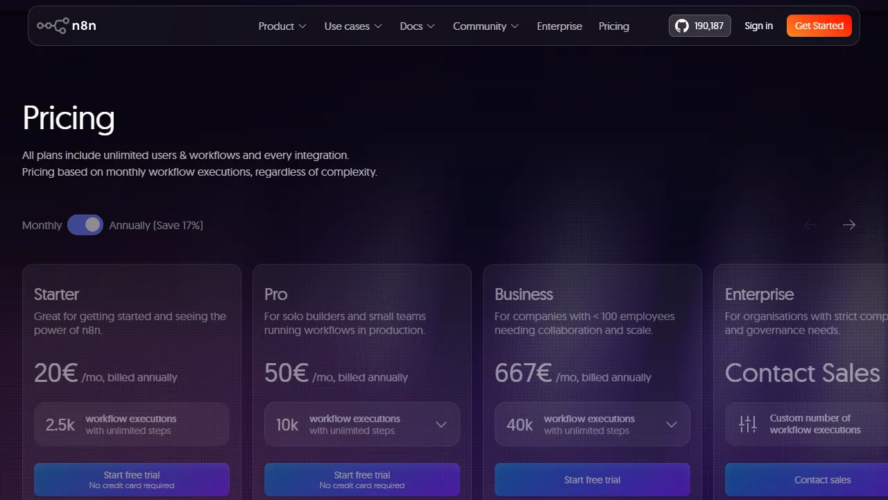 n8n pricing page: plans and rates
