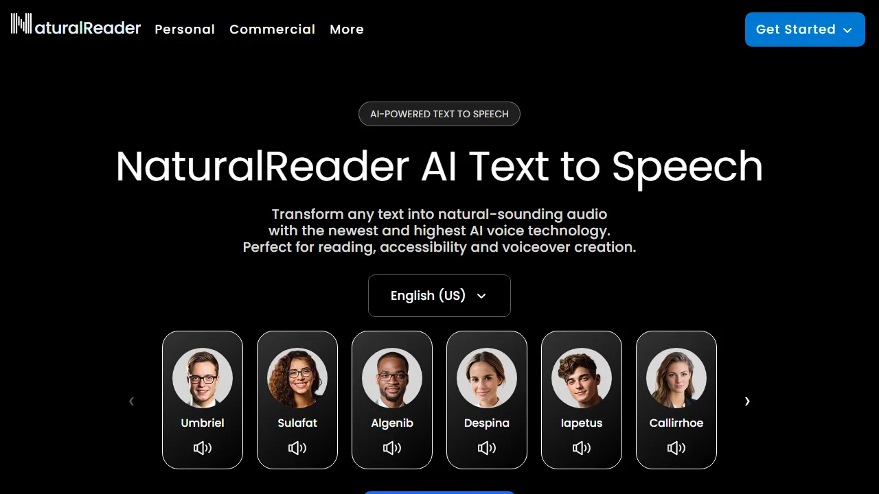 NaturalReader homepage, voice & audio AI tool
