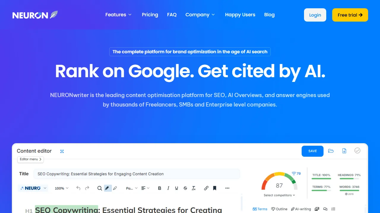 NeuronWriter homepage, writing AI tool