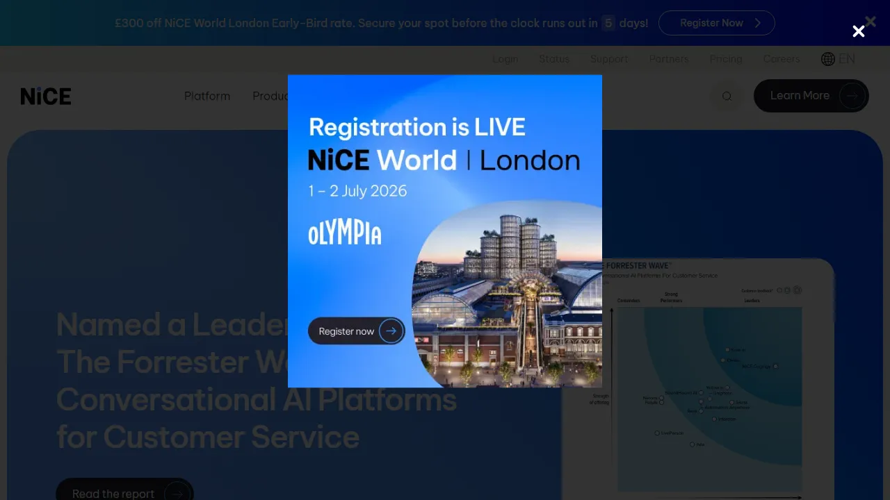 NICE CXone homepage, customer support & sales AI tool