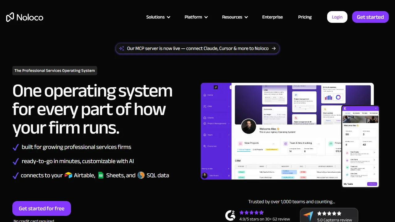 Noloco homepage, no-code AI tool