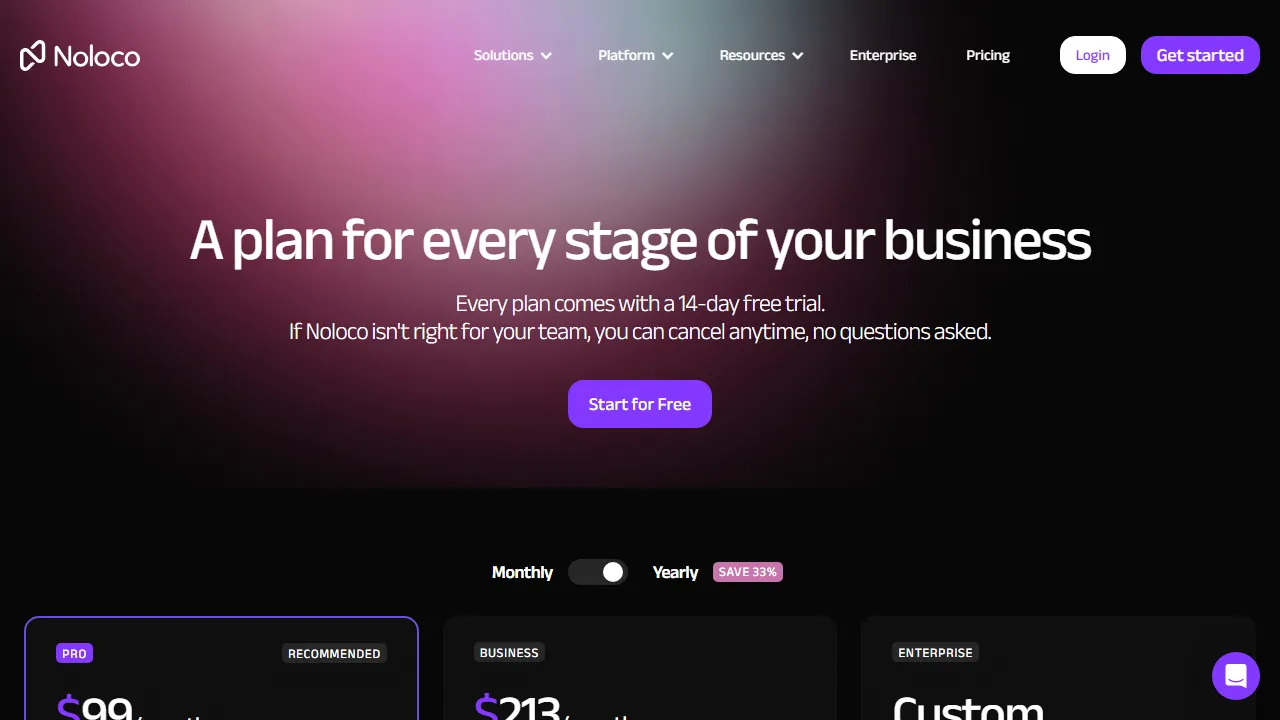 Noloco pricing page: plans and rates