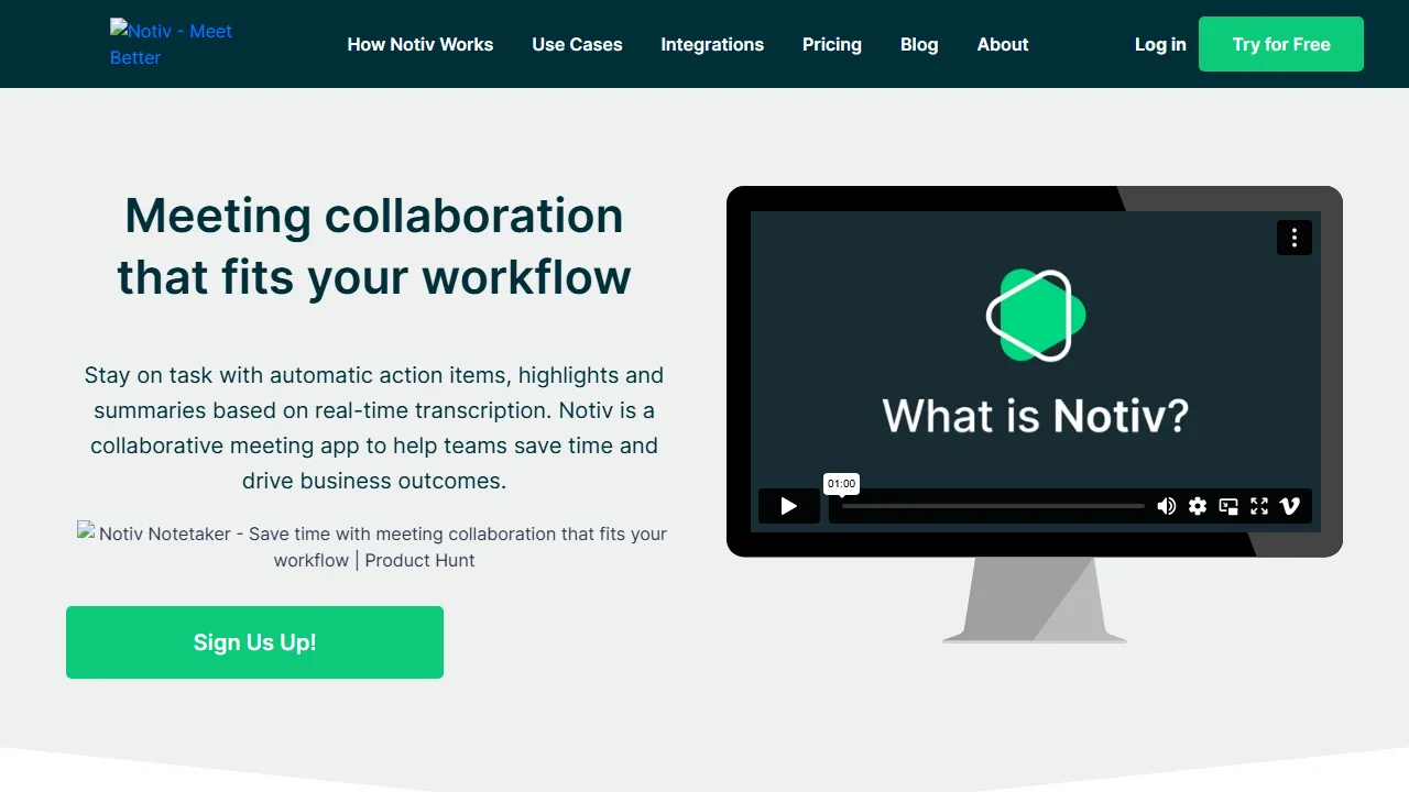 Notiv homepage, transcription & meetings AI tool
