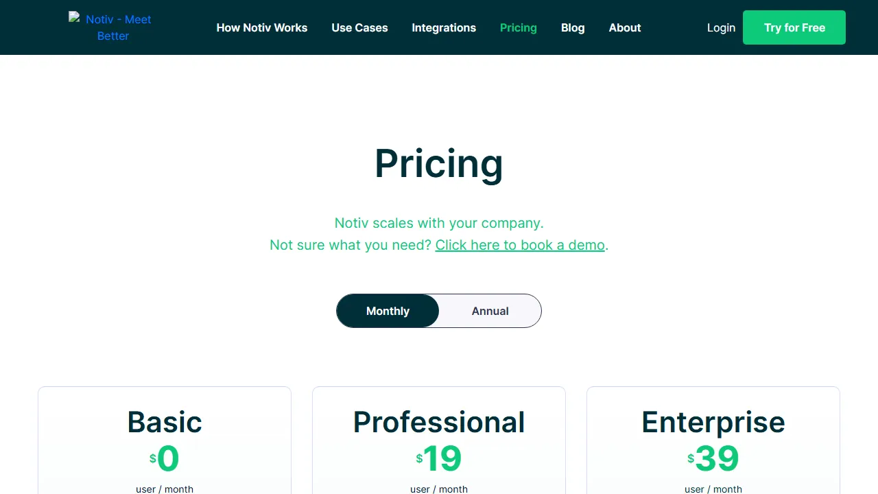Notiv pricing page: plans and rates