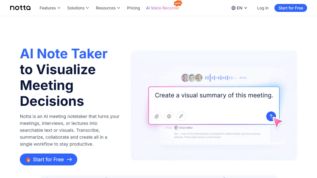 Notta homepage, transcription & meetings AI tool