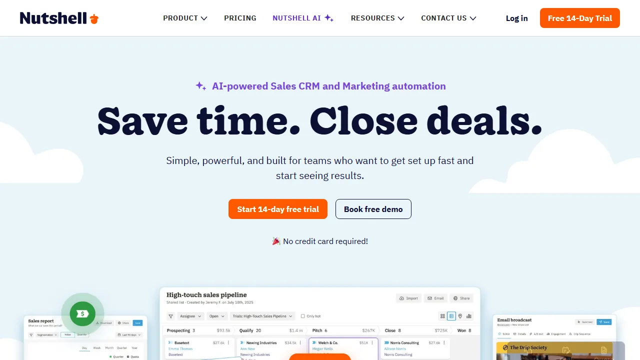 Nutshell homepage, customer support & sales AI tool