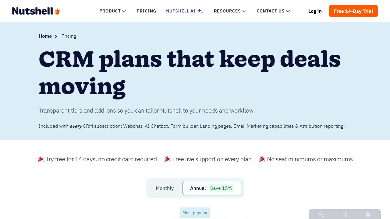 Nutshell pricing page: plans and rates