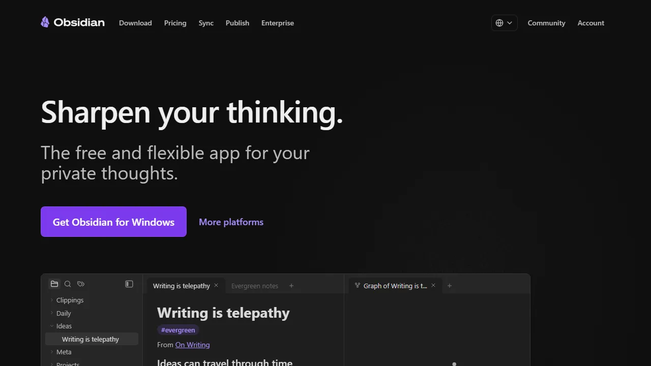 Obsidian AI homepage, productivity AI tool