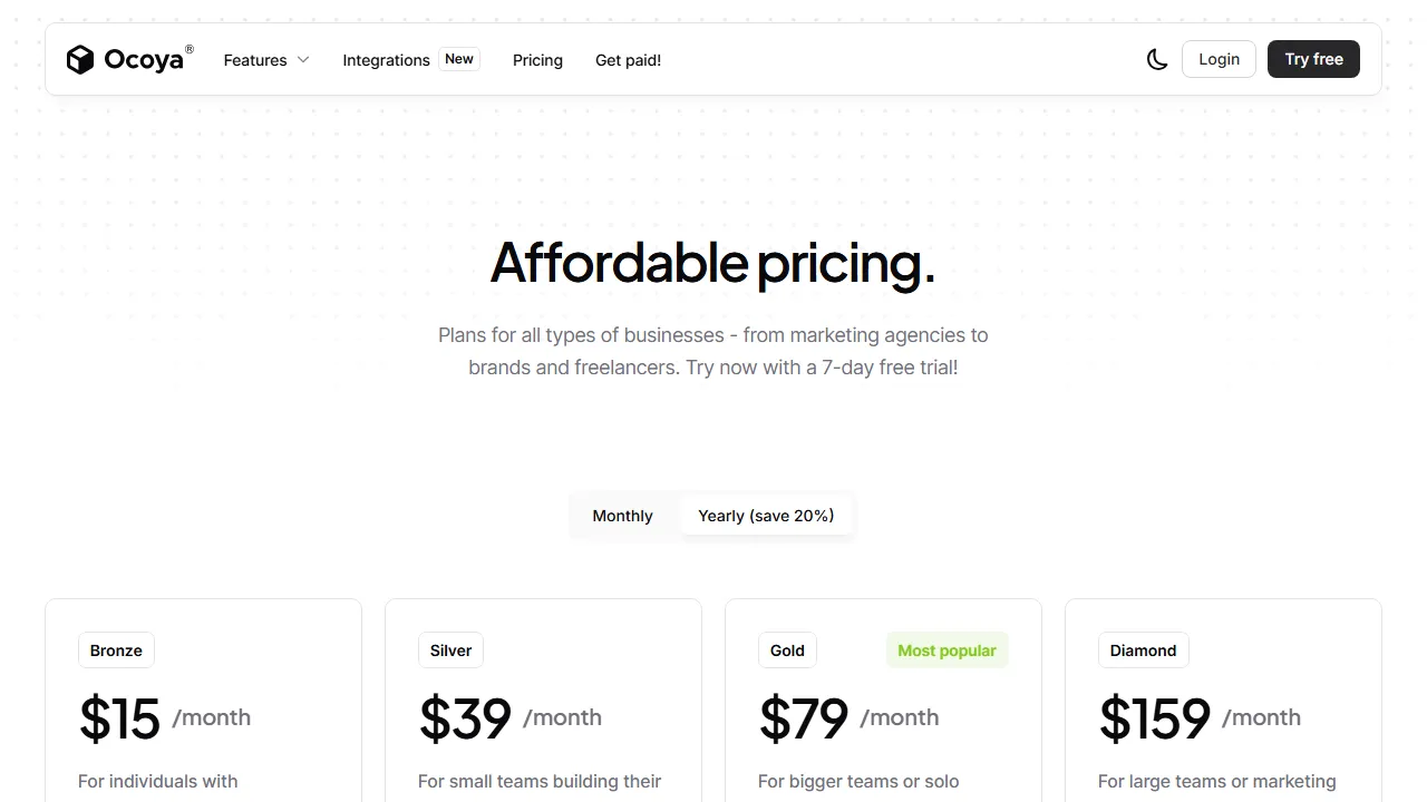 Ocoya pricing page: plans and rates