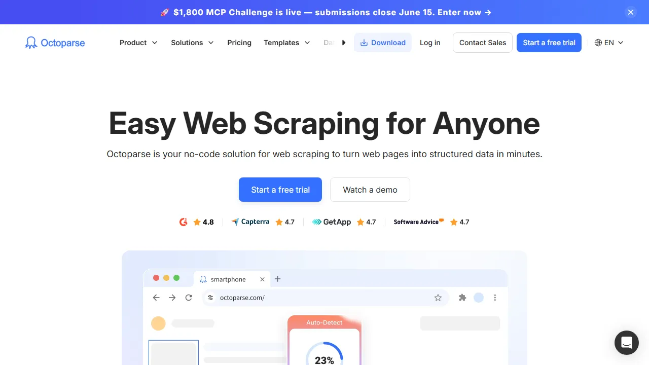Octoparse homepage, automation AI tool