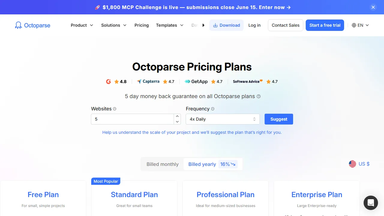 Octoparse pricing page: plans and rates
