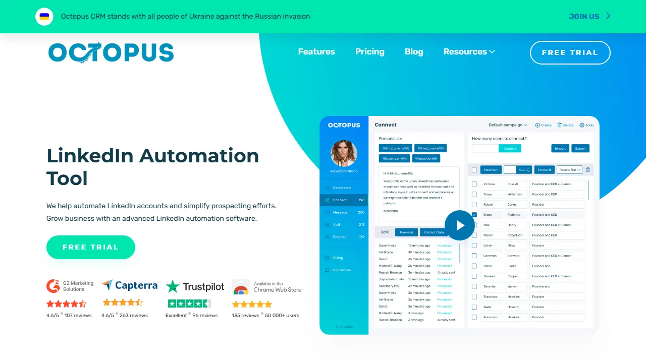 Octopus CRM homepage, customer support & sales AI tool