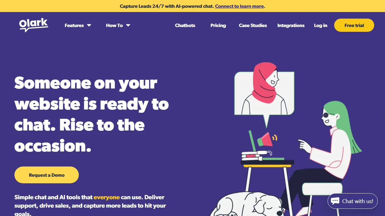 Olark homepage, customer support & sales AI tool