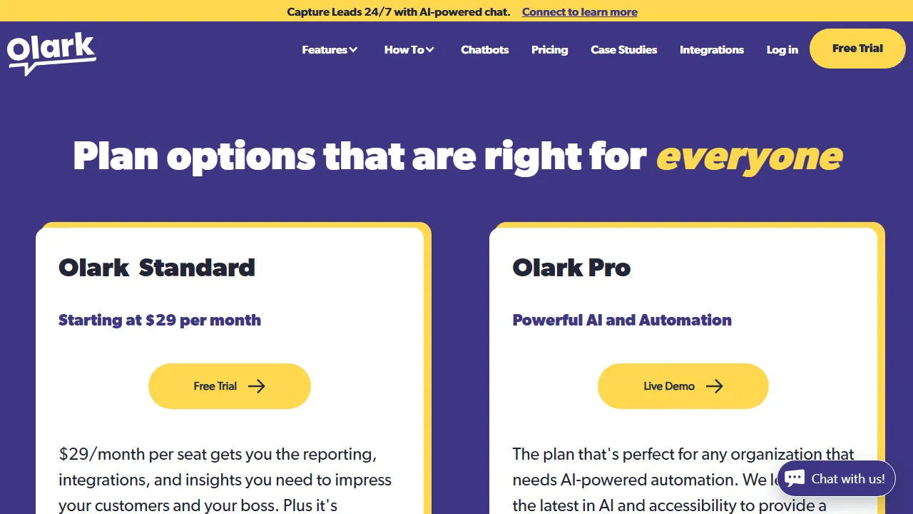 Olark pricing page: plans and rates