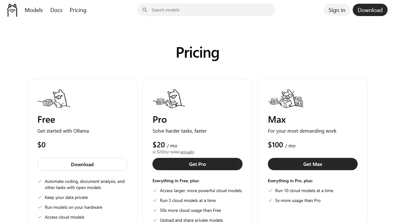 Ollama pricing page: plans and rates