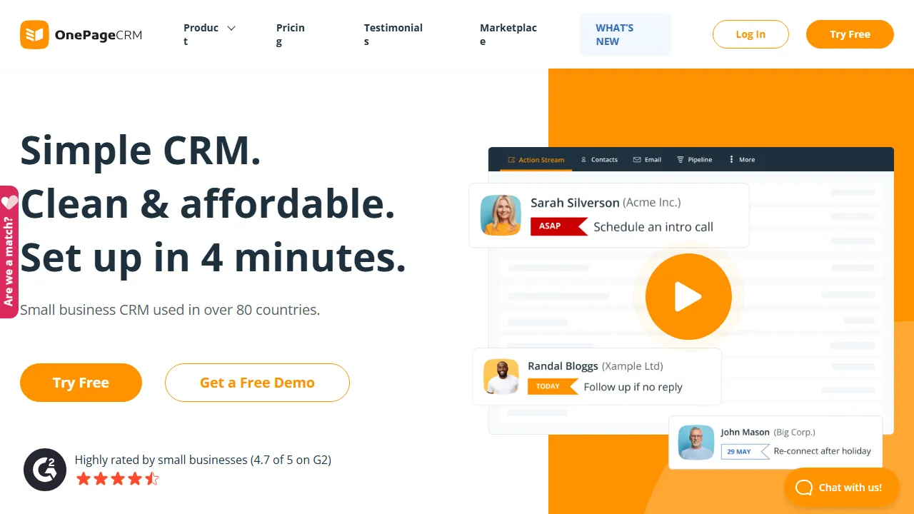 OnePageCRM homepage, customer support & sales AI tool