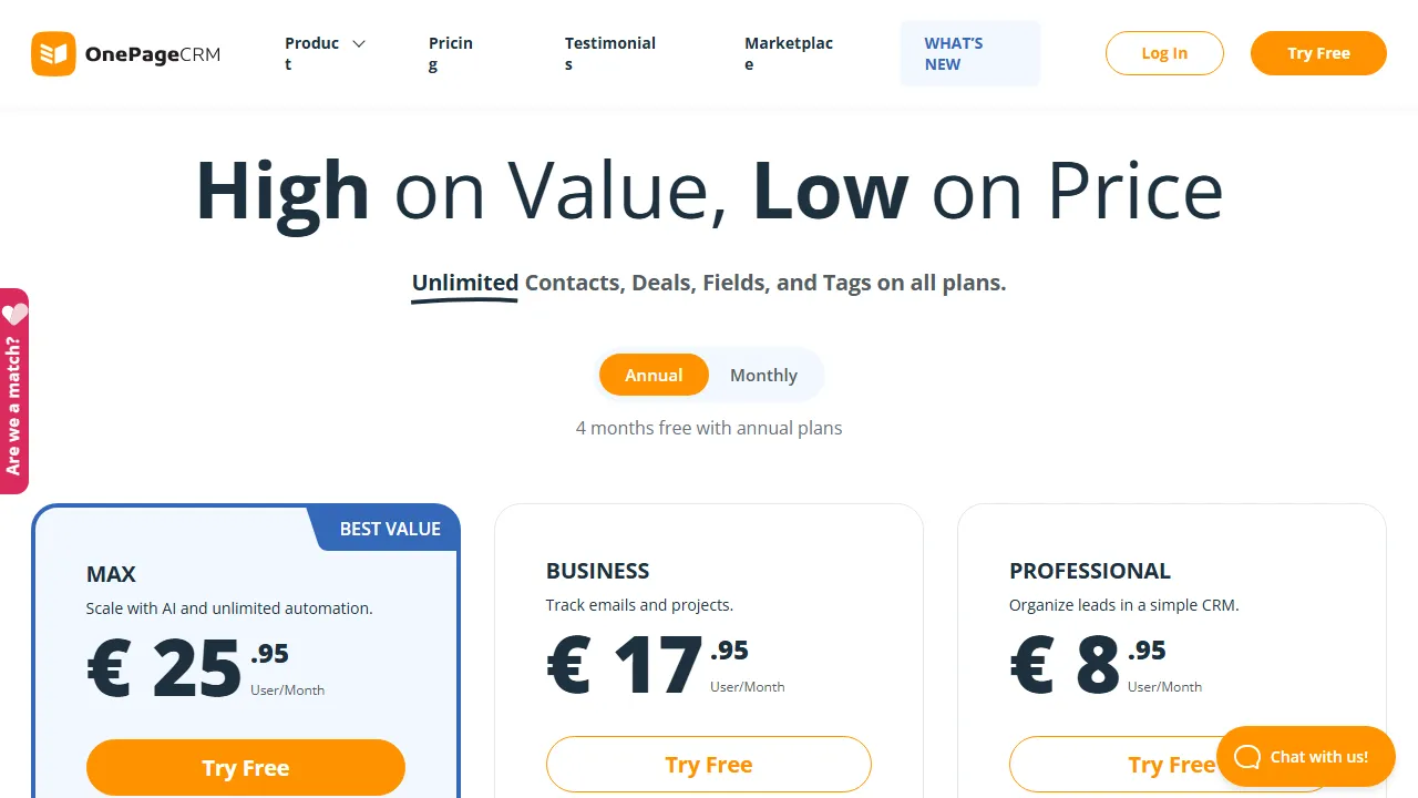 OnePageCRM pricing page: plans and rates