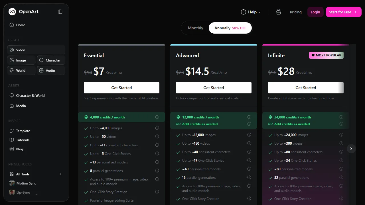 OpenArt pricing page: plans and rates