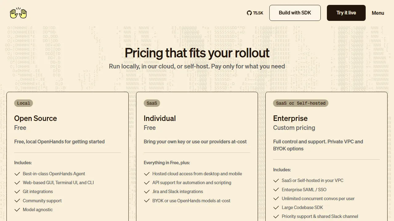 OpenHands pricing page: plans and rates