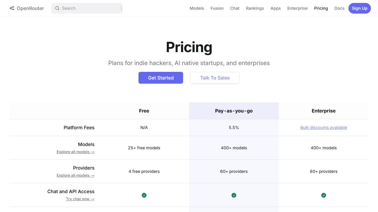 OpenRouter pricing page: plans and rates