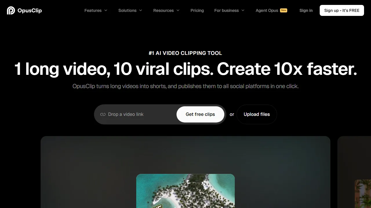 Opus Clip homepage, video AI tool