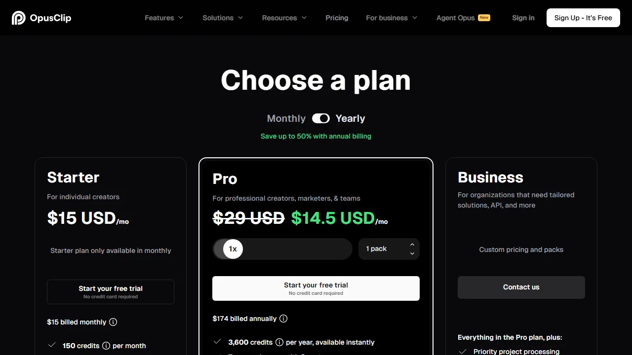 Opus Clip pricing page: plans and rates