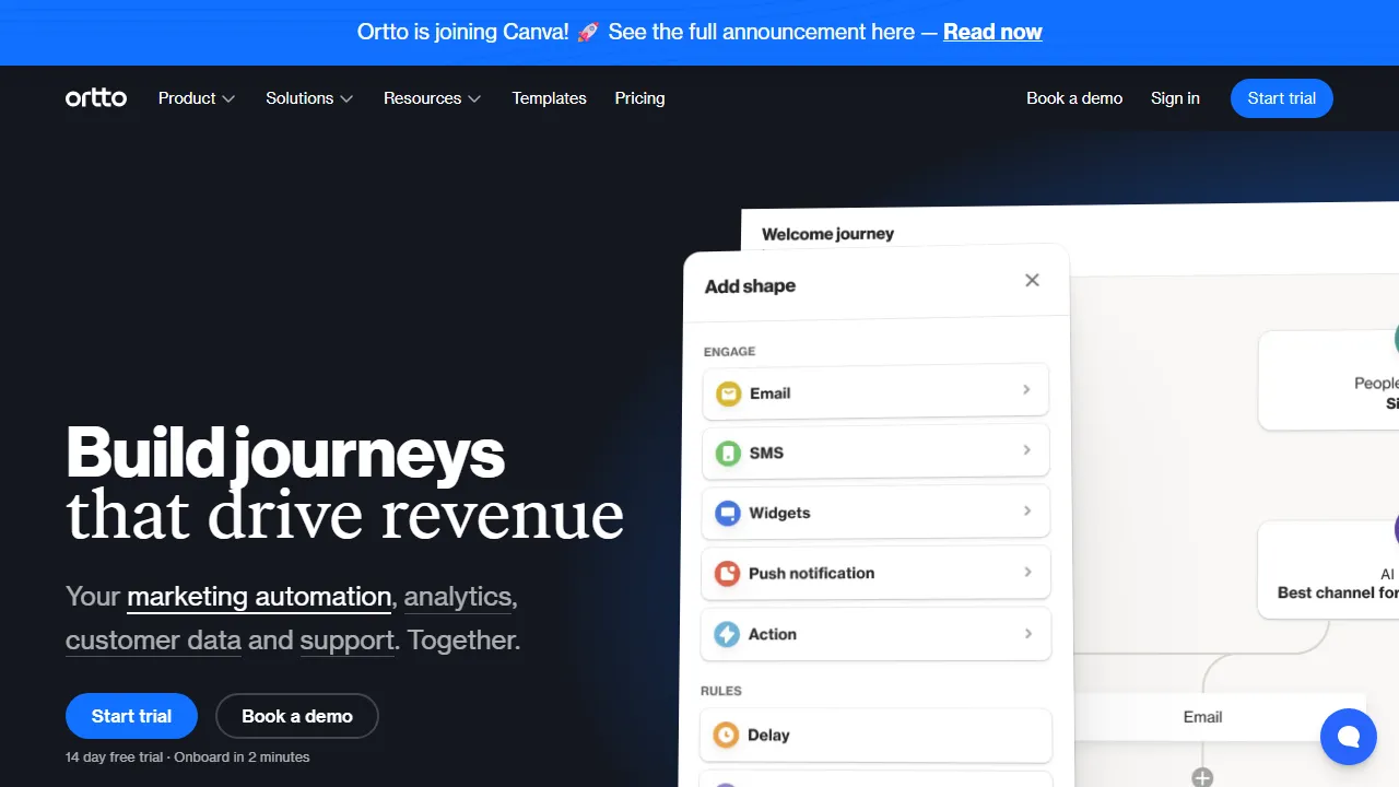Ortto homepage, marketing & seo AI tool