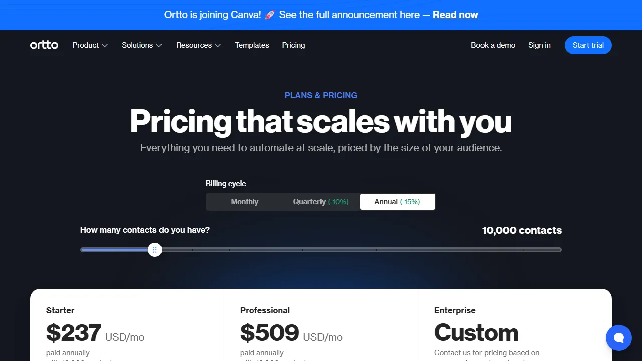 Ortto pricing page: plans and rates