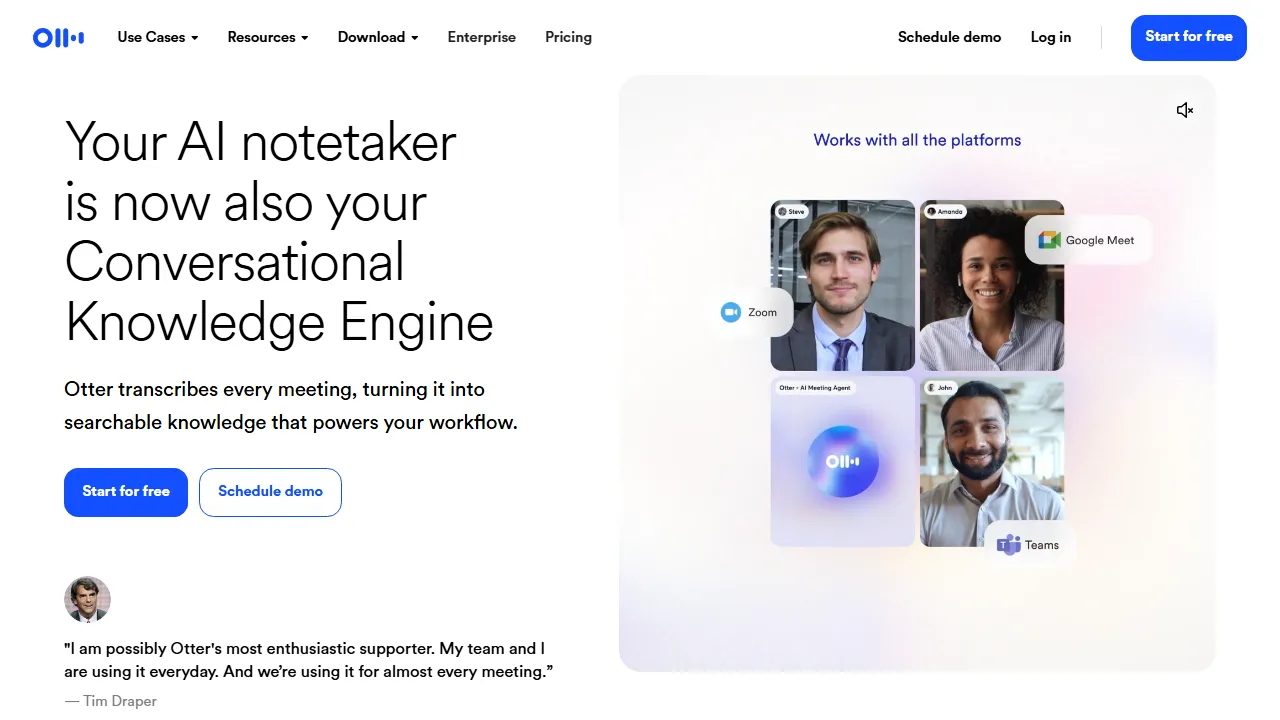 Otter homepage, transcription & meetings AI tool