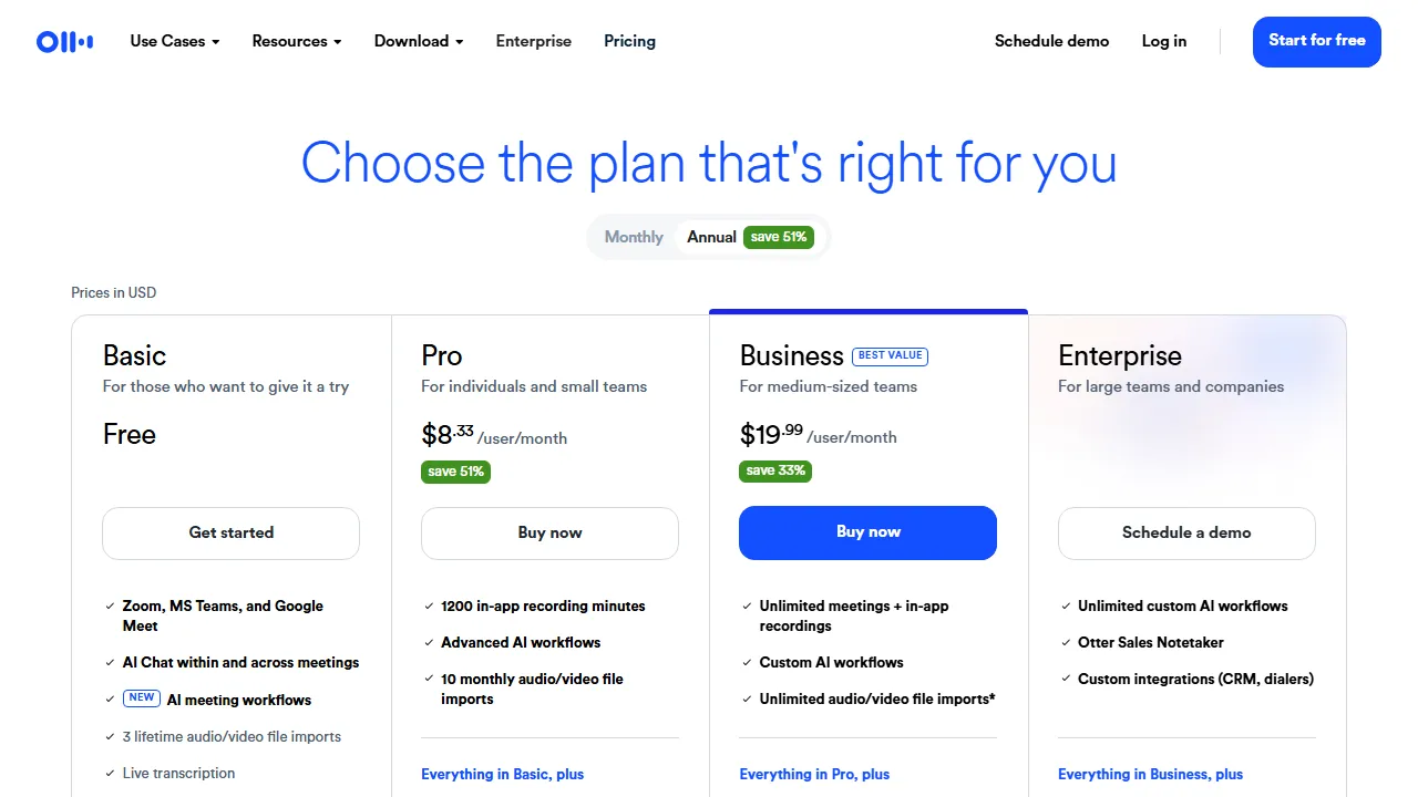 Otter pricing page: plans and rates