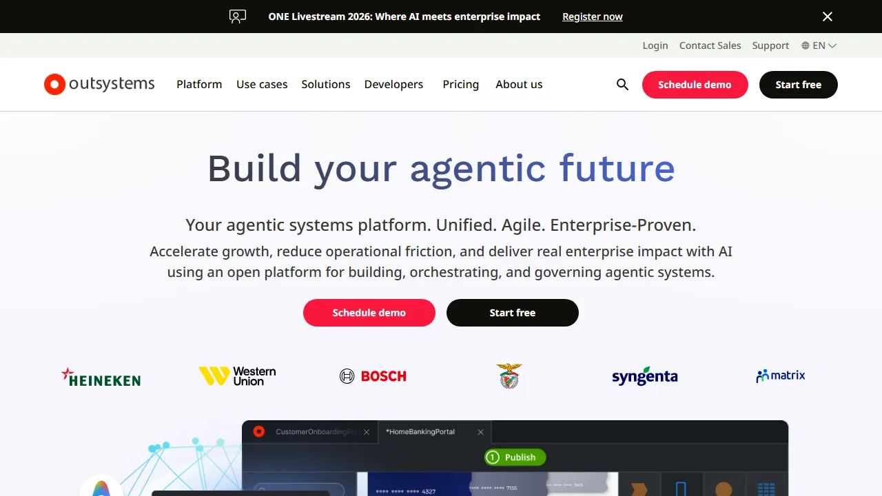 OutSystems homepage, no-code AI tool